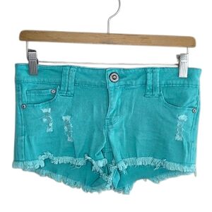 Y2K Blue Asphalt Turquoise Distressed Low Rise Shorts 2" Inseam Fray Hem Size 3